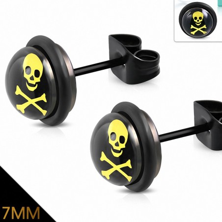 7mm | Boucles d'oreilles motard avec crampons de cercle et crâne de pirate en acier inoxydable noir