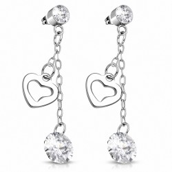 Pendants d'oreilles à breloques en acier inoxydable avec coeur d'amour ouvert en acier inoxydable avec cz incolore (paire)