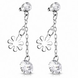 Pendants d'oreilles en acier inoxydable avec pendentif goutte de charm de tournesol avec cZ transparent (paire)