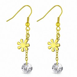 Boucles d'oreilles à long crochet en acier inoxydable couleur doré avec gouttes de soleil et de fleurs en CZ transparentes