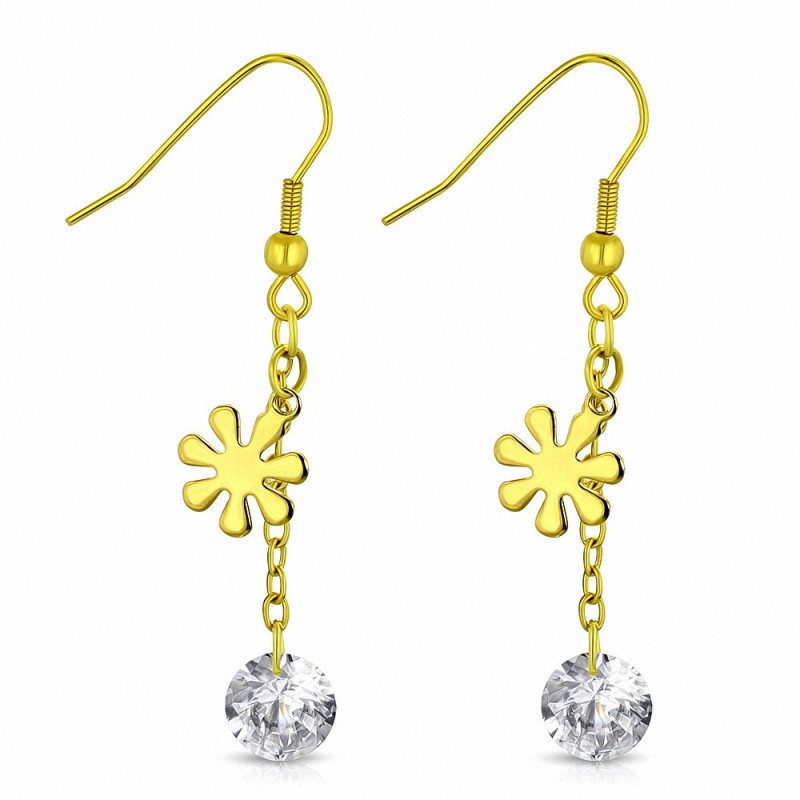 Boucles d'oreilles à long crochet en acier inoxydable couleur doré avec gouttes de soleil et de fleurs en CZ transparentes