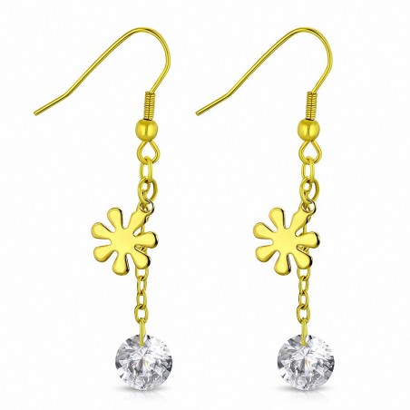 Boucles d'oreilles à long crochet en acier inoxydable couleur doré avec gouttes de soleil et de fleurs en CZ transparentes