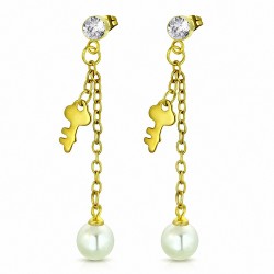 Boucles d'oreilles pendantes longues  pendentif en forme de mini clé en acier inoxydable doré avec perle blanche et CZ incolore