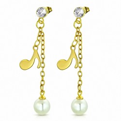 boucles d'oreilles pendantes avec goutte et perles acier doré motif musical notes de musique