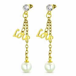 Boucles d'oreilles clous en forme de goutte monogramme en acier inoxydable doré avec perle blanche et CZ incolore