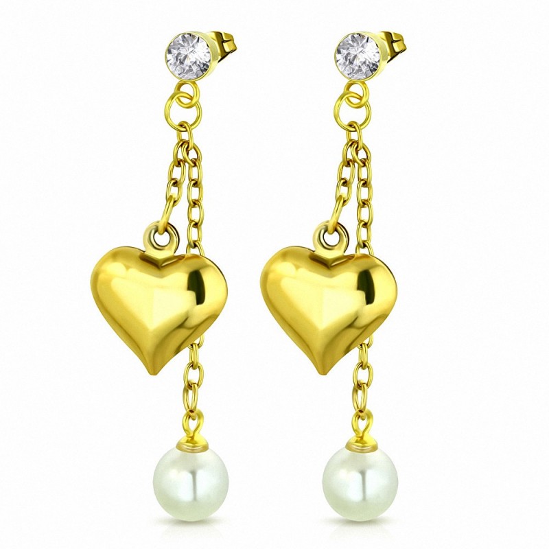 Boucles d'oreilles pendantes à breloques en forme de coeur en acier inoxydable doré avec perle blanche et CZ incolore (paire)