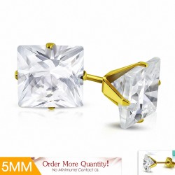 5mm | Boucles d'oreilles carrées en acier inoxydable doré avec plaqué de couleur d'or avec cZ transparent (paire)