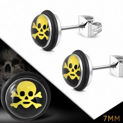 7mm | Boucles d'oreilles motard en acier inoxydable avec crânes et os de pirate en acier inoxydable à 3 tons (paire)