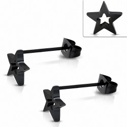 Boucles d'oreilles clous étoiles pentagrammes en acier inoxydable découpées noires (paire)