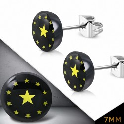 7mm | Boucles d'oreilles clous en acier inoxydable à trois tons avec cercle Pentagram étoiles (paire)