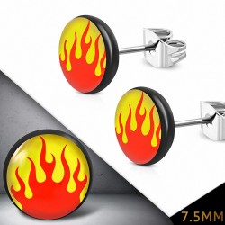 7.5mm | Boucles d'oreilles clous cercle de flammes / flammes en acier inoxydable à 4 tons (paire)