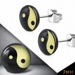 7mm | Yin-Yang en acier inoxydable / symbole Tao / boucles d'oreilles avec cercle Bagua (paire)