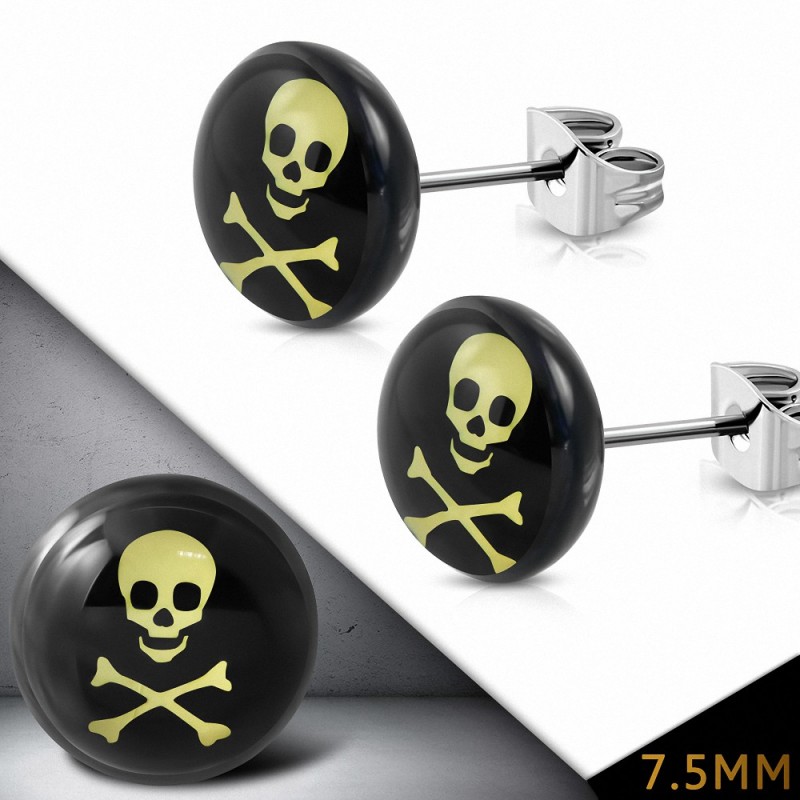 7.5mm | Boucles d'oreilles clous crâne cercle en acier inoxydable à trois tons avec tête de mort (paire)