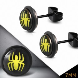 7mm | Boucles d'oreilles clous cercle araignée en acier inoxydable noir 2 tons avec joints  (paire)