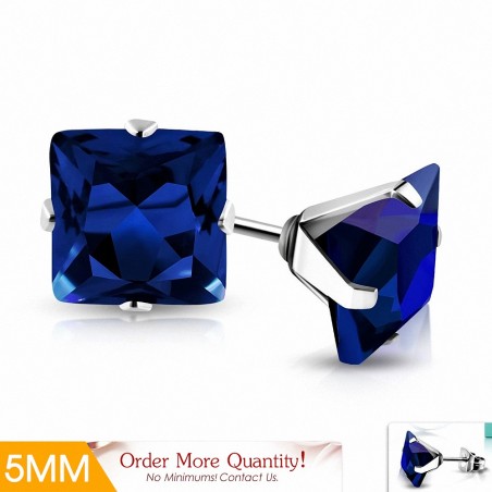 5mm | Boucles d'oreilles clous carrées en acier inoxydable avec capri bleu CZ (paire)