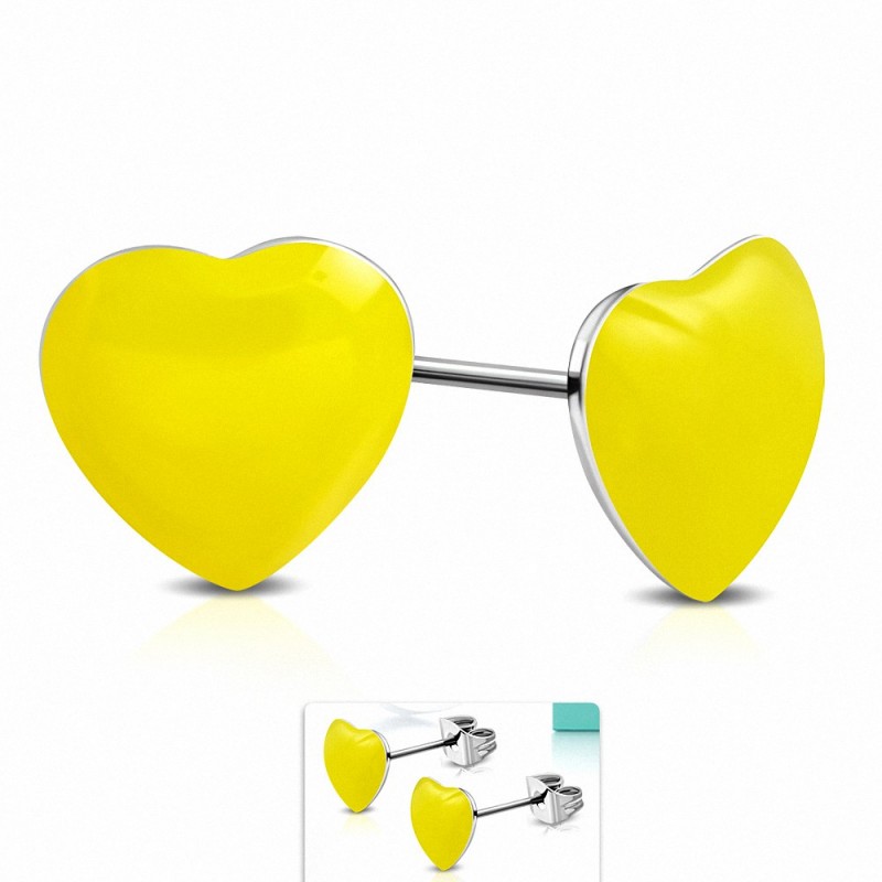 Boucles d'oreilles clous en acier inoxydable bicolores avec cœur jaune en résine (paire)