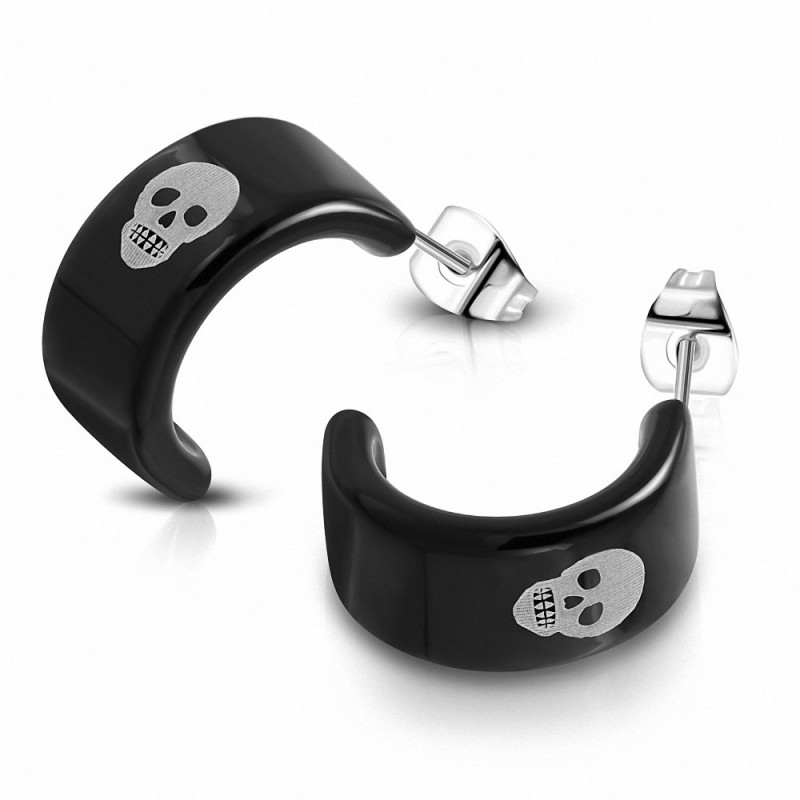 Demi-boucles d'oreilles en acier inoxydable avec tête de mort 2 tons en acrylique noir (paire)