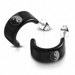 Acier inoxydable avec Yin-Yang bicolore en acrylique noir / Le symbole Tao / Boucles d'oreilles demi-bagage Bagua (paire)