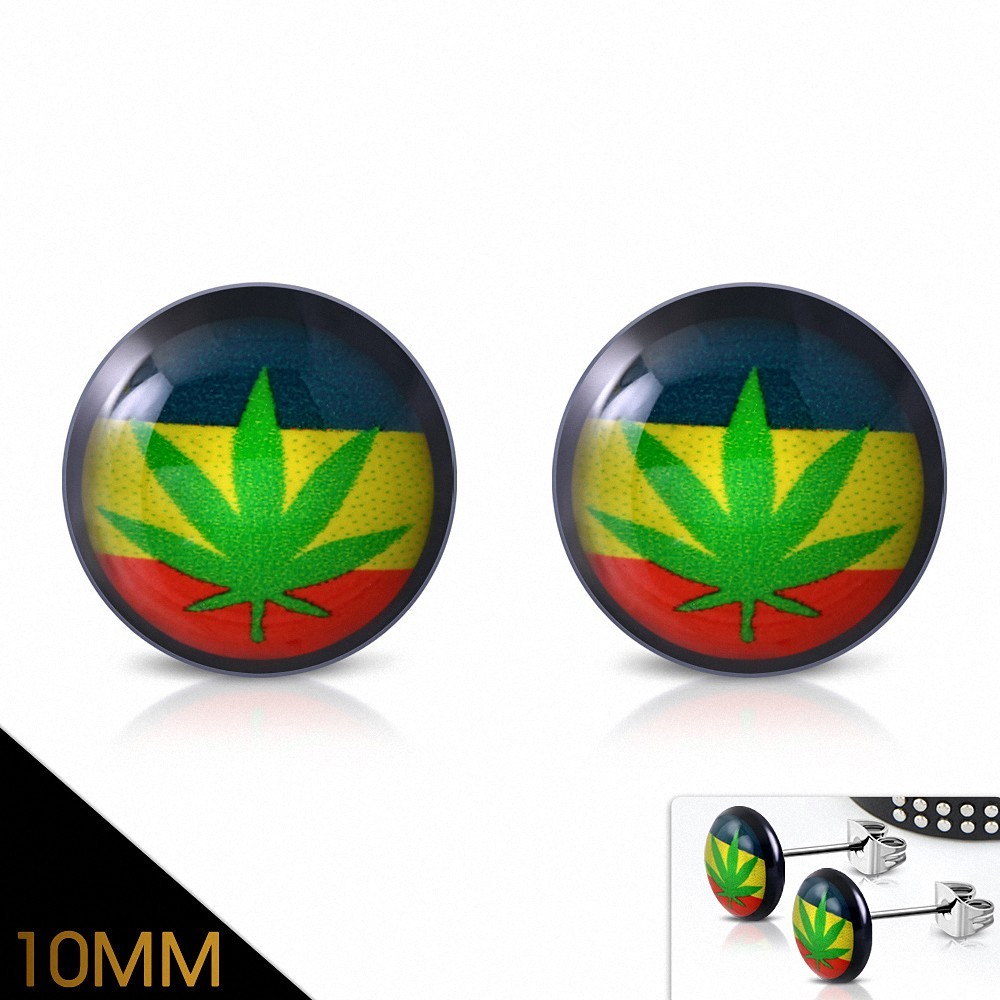 10mm | Boucles d'oreilles clous cercle Ganja Leaf en acier inoxydable à quatre tons en marijuana (paire)