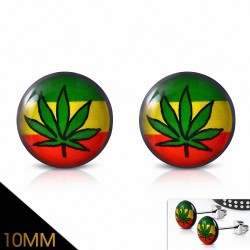 10mm | Boucles d'oreilles clous cercle Ganja Leaf en acier inoxydable à quatre tons en érable / marijuana (paire)