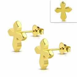 Boucles d'oreilles croix médiévale en acier inoxydable plaqué en couleur d'or (paire)