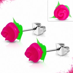 Boucles d'oreilles en acier inoxydable avec fleurs roses en caoutchouc rose (paire)