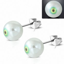 9.5mm | clous en acier inoxydable avec boules de perle sphérique Perle de maléfique 3 tons en acrylique blanc (paire)