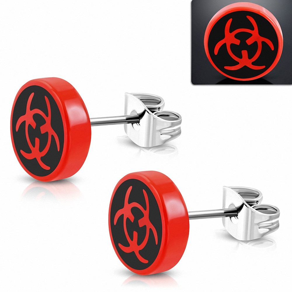 10mm | clous rond en acier inoxydable avec symbole Biohazard à 3 tons en acrylique rouge (paire)