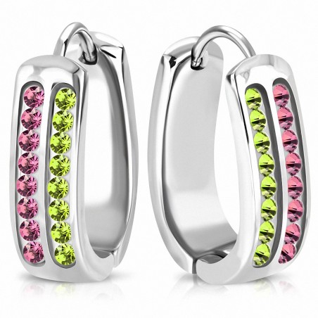 Boucles d'oreilles Huggie en forme de fer à cheval en acier inoxydable avec CZ rose et vert (paire)