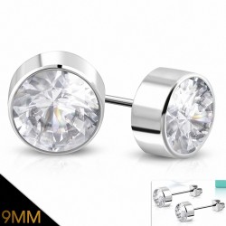 9mm | Boucles d'oreilles à cercle rond en acier inoxydable serti de lunette sertie de CZ transparent (paire)