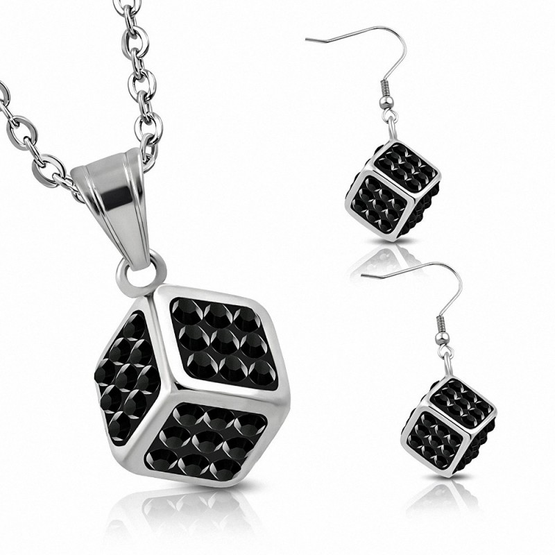 Pendentif en forme de dés de cristal en acier inoxydable et paire de boucles d'oreilles à crochet avec noir de jais CZ (SET)