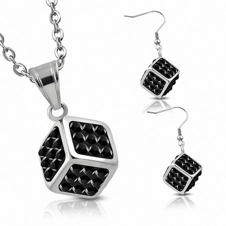 Pendentif en forme de dés de cristal en acier inoxydable et paire de boucles d'oreilles à crochet avec noir de jais CZ (SET)