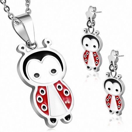 Pendentif breloque coccinelle / coccinelle émaillée en acier inoxydable et paire de Boucles d'oreilles clous étoiles (SET)