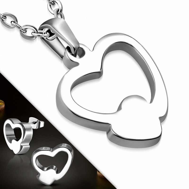 Pendentif en forme de coeur avec double amour en acier inoxydable et paire de Boucles d'oreilles clous (SET)