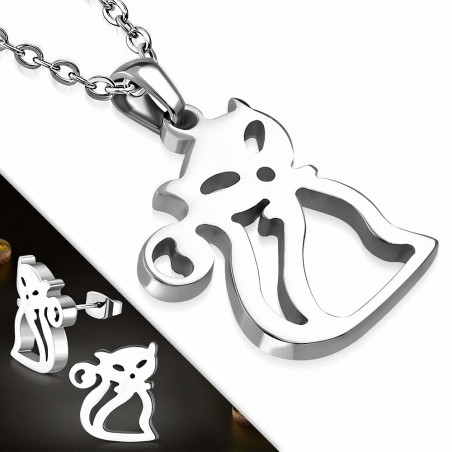 Pendentif de chat en forme de chat en acier inoxydable et paire de Boucles d'oreilles clous (SET)