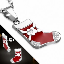 Chaussettes de Noël émaillées en acier inoxydable rouge et blanc  pendentif et paire de Boucles d'oreilles clous