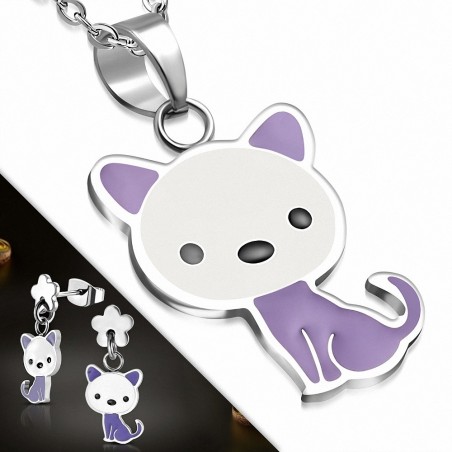 Pendentif avec chaton et chat en acier inoxydable émaillé avec pendentif fleur et boutons de fleurs (SET)