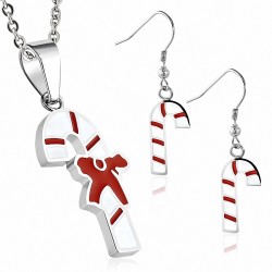 Pendentif canne de bonbon de Noël en acier inoxydable émaillé blanc et rouge et paire de boucles d'oreilles à crochet long (SET)