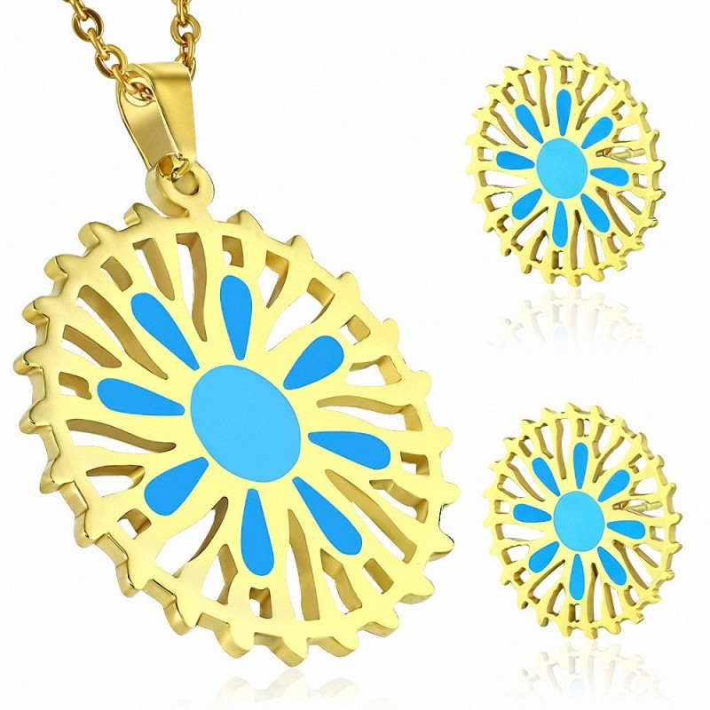 Pendentif en forme de breloque avec fleur émaillée bleue en acier inoxydable plaqué de couleur d'or (SET)