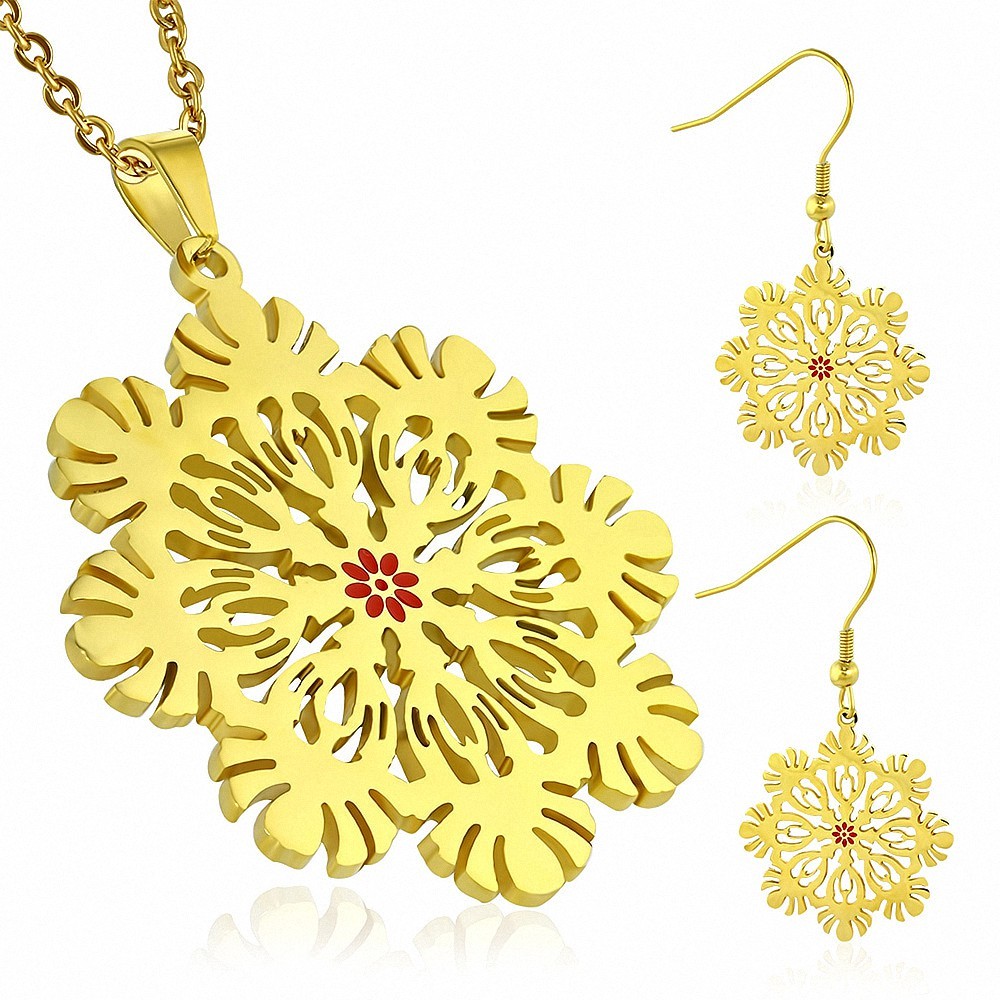 Pendentif en forme de fleur avec flocon de neige émaillé rouge acier inoxydable doré et boucles d'oreilles à crochet long