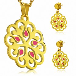 Pendentif en forme de fleur avec pendentif émaillé en acier inoxydable doré rose et paire de Boucles d'oreilles clous