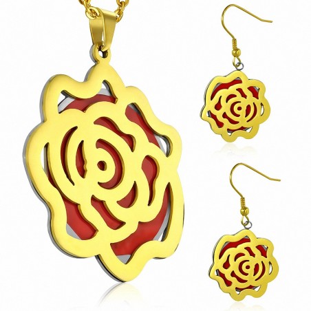 Pendentif en forme de fleur rose émaillé rouge en acier inoxydable doré avec paire de boucles d'oreilles à crochet long