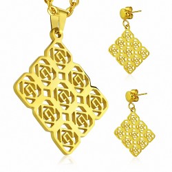 Pendentif en forme de clé carrée en forme de clé grecque en acier inoxydable doré avec paire de boucles d'oreilles pendantes
