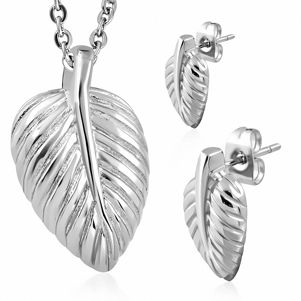 Pendentif en forme de feuille de vigne en acier inoxydable et paire de Boucles d'oreilles clous (SET)