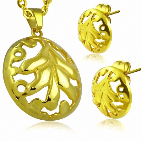 Pendentif de boucles d'oreilles en forme de cercle de feuilles de vigne en acier inoxydable plaqué de couleur d'or (SET)