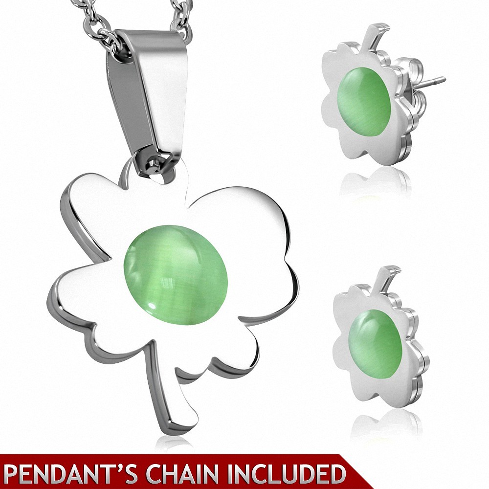 Collier en chaîne en acier  avec pendentif coeur et boucles d'oreilles avec pierre à oeil de chat vert