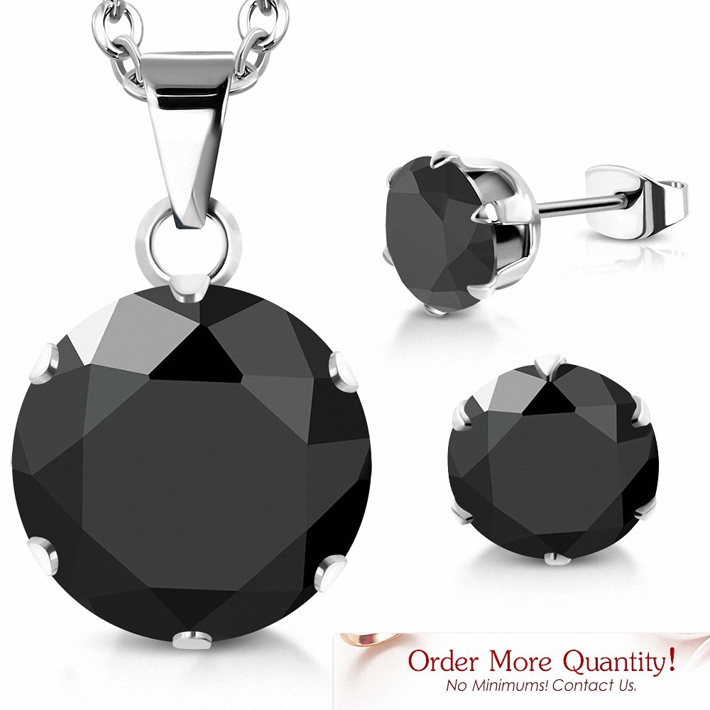 Collier en acier inoxydable avec pendentif cercle et chaîne et paire de Boucles d'oreilles clous avec noir de jais CZ (SET)