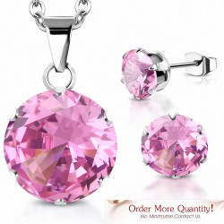 Collier en acier inoxydable avec pendentif cercle et chaînette avec pendentif et boucles d'oreilles avec rose CZ rose (SET)