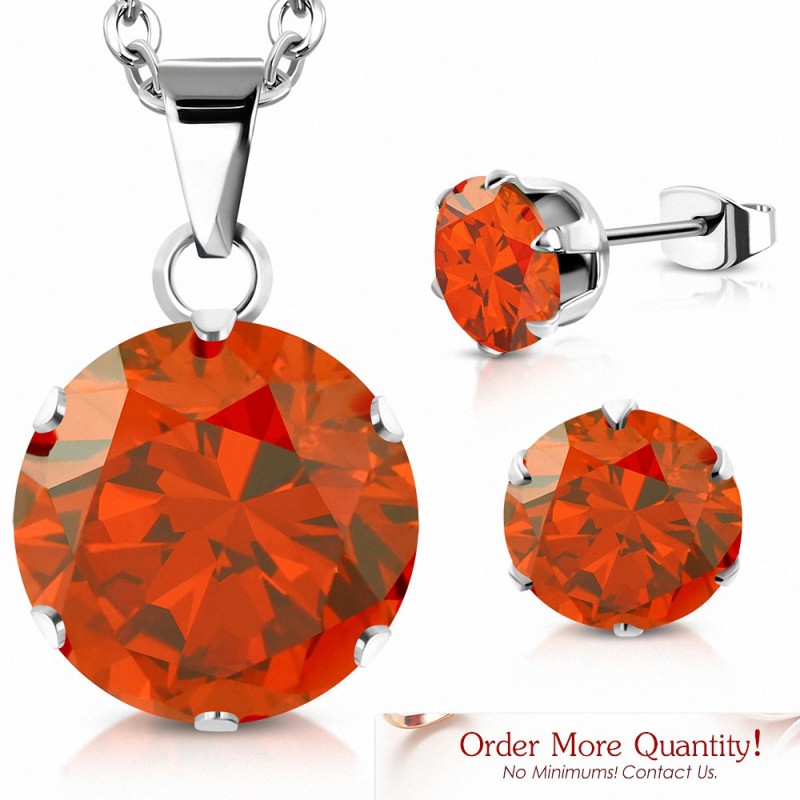 Collier en acier inoxydable avec pendentif cercle et chaîne  et paire de Boucles d'oreilles clous avec jacinthe orange CZ