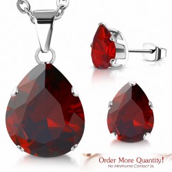 Collier à pendentif en forme de larme en acier inoxydable  et paire de Boucles d'oreilles clous avec zircon rouge clair